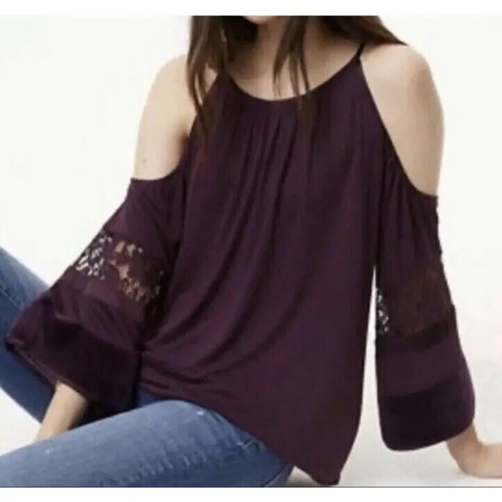 LOFT Women’s Small Purple Knit Top W/Cold Shoulder And Velvet Trim Sleeves NWT